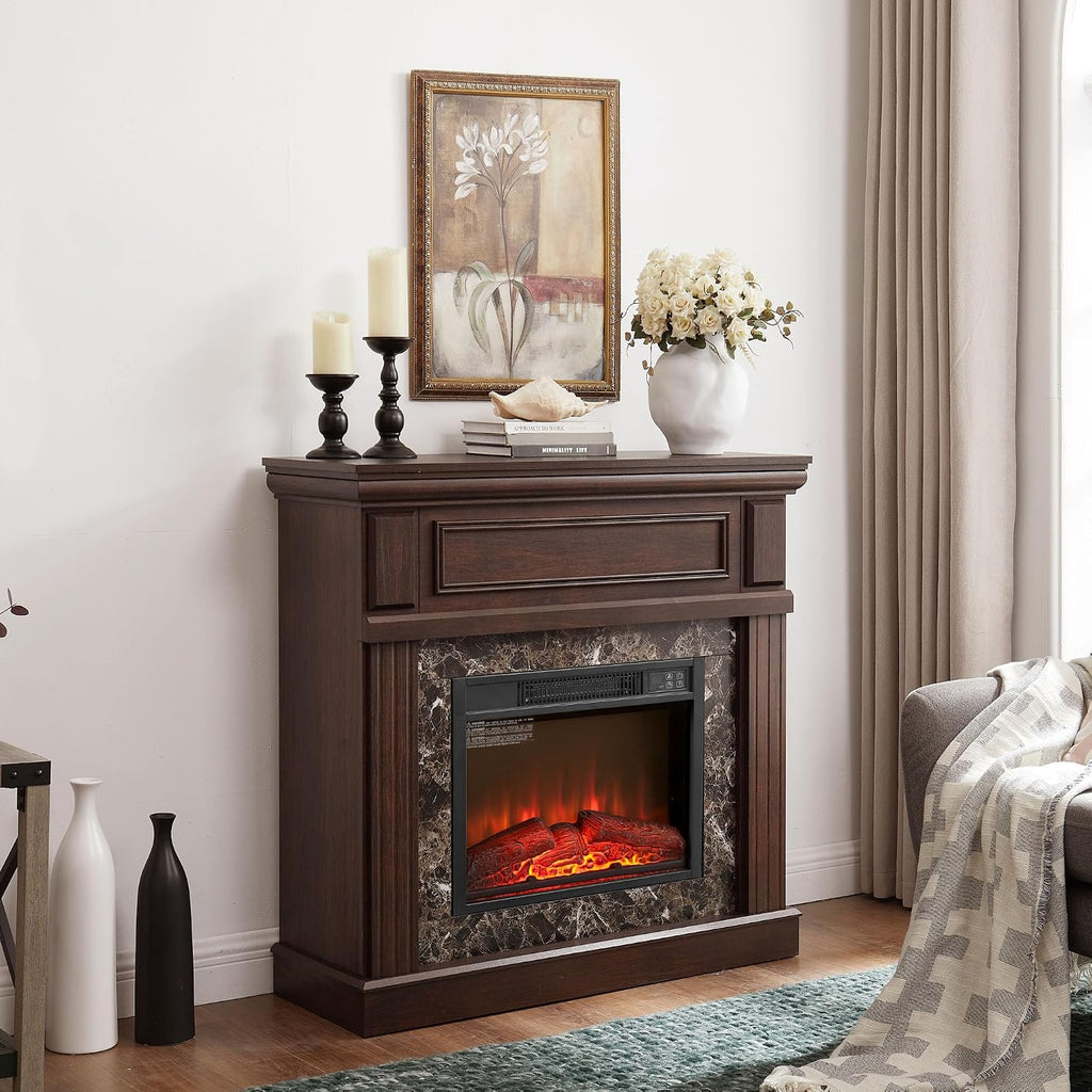 Freestanding Surround, White Faux Fireplace with Legs, Modern Fire Place Mantels with Decorative Pattern for