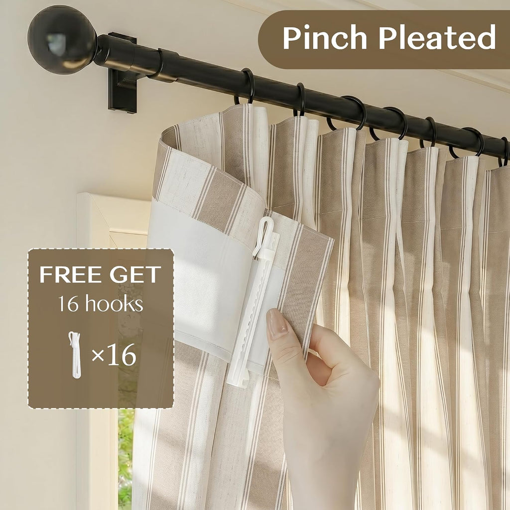 Beige Stripe Pinch Pleated Curtains, Linen Blend Light Filtering Gingham Drapes with Memory Pleats for Living Room Bedroom, 2 Panels