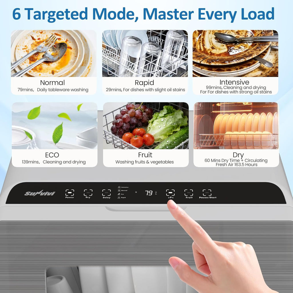 18" Compact Countertop Dishwasher with 6 Modes, Portable Dishwasher with Dual Water Supply, 12H Delay Start