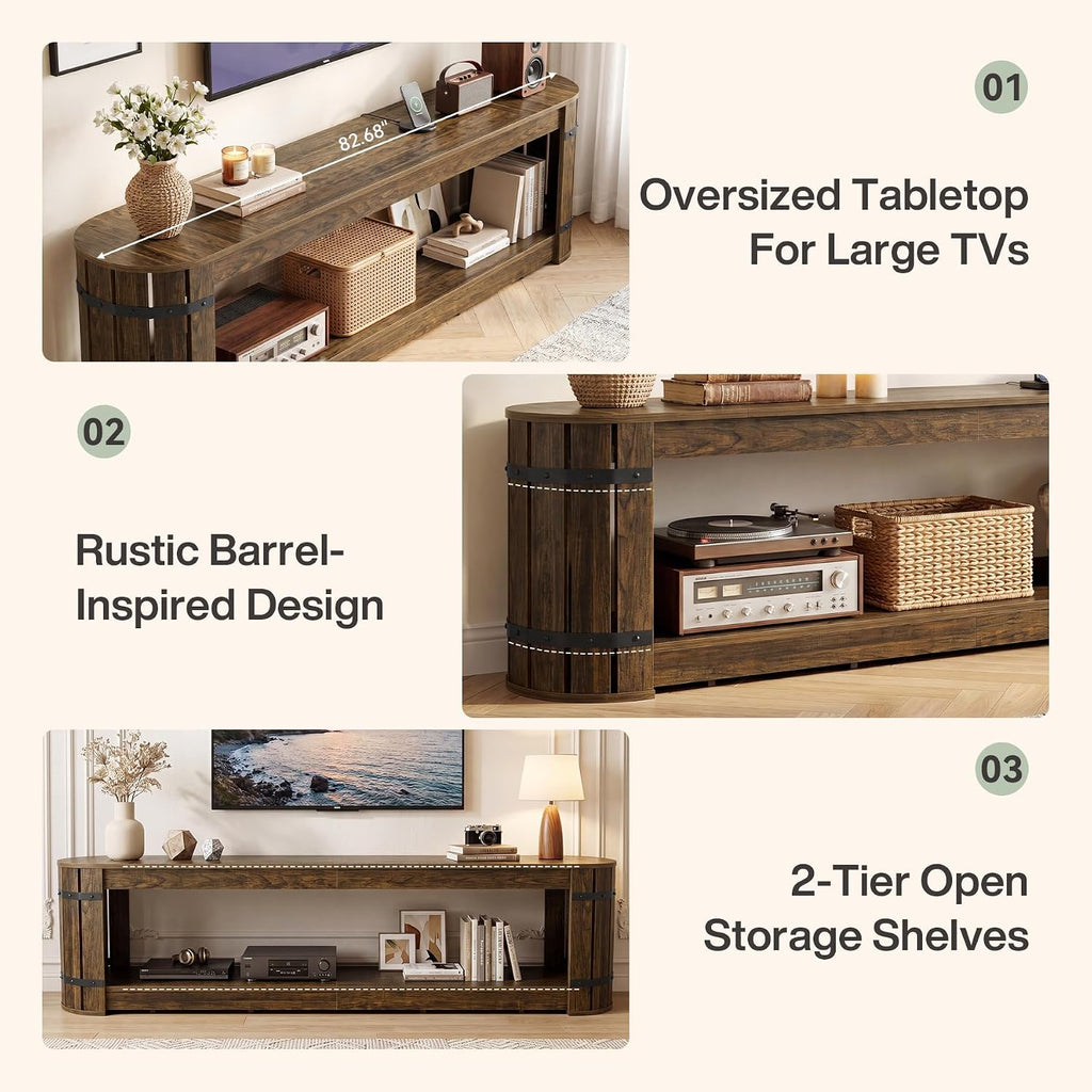 82.68 Inch TV Stand for TVs up to 90 Inch, Long TV Console Table | 2-Tier Storage Media Entertainment Center for Living Room, Entertainment Room, Vintage Barrel Style, Rustic Brown