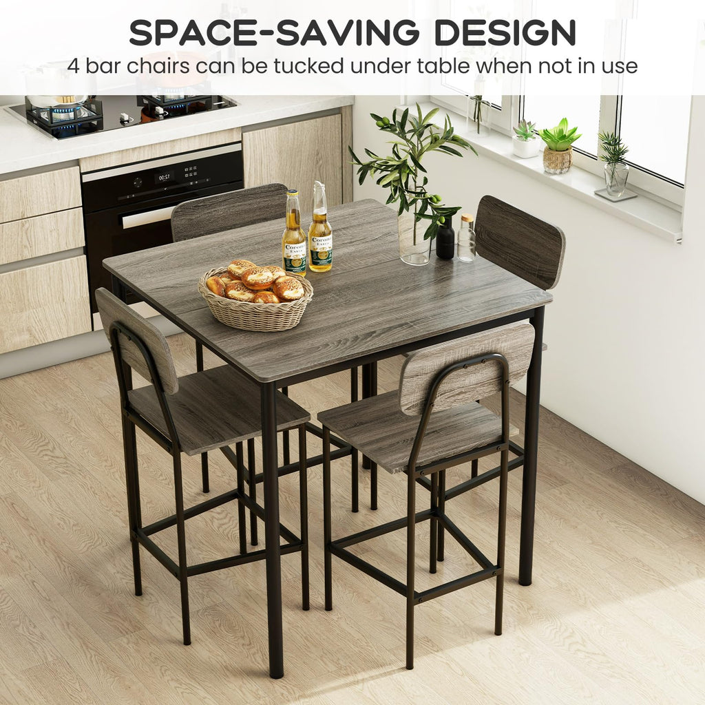 5-Piece Dining Table Set W/Counter Height Table & 4 Bar Stools, Modern Kitchen Dining Set W/Footrest & Backrest