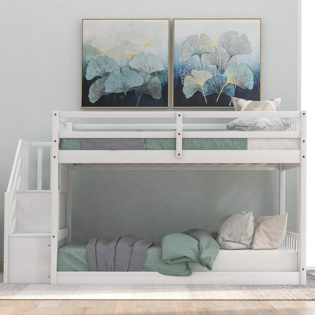 Low Bunk Beds Twin Over Twin with Stairs Solid Wood Bunk Bed Frame for Kids Boys Girls Teens, White