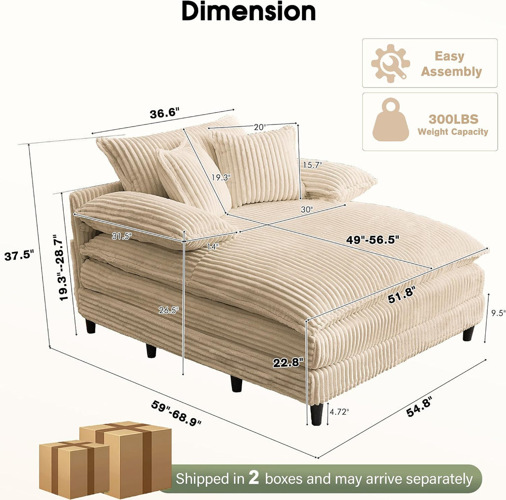 54.8" W Oversized Chaise Lounge Chair Indoor with 5-Position Adjustable Backrest, Corduroy Sleeper Sofa Bed with 3