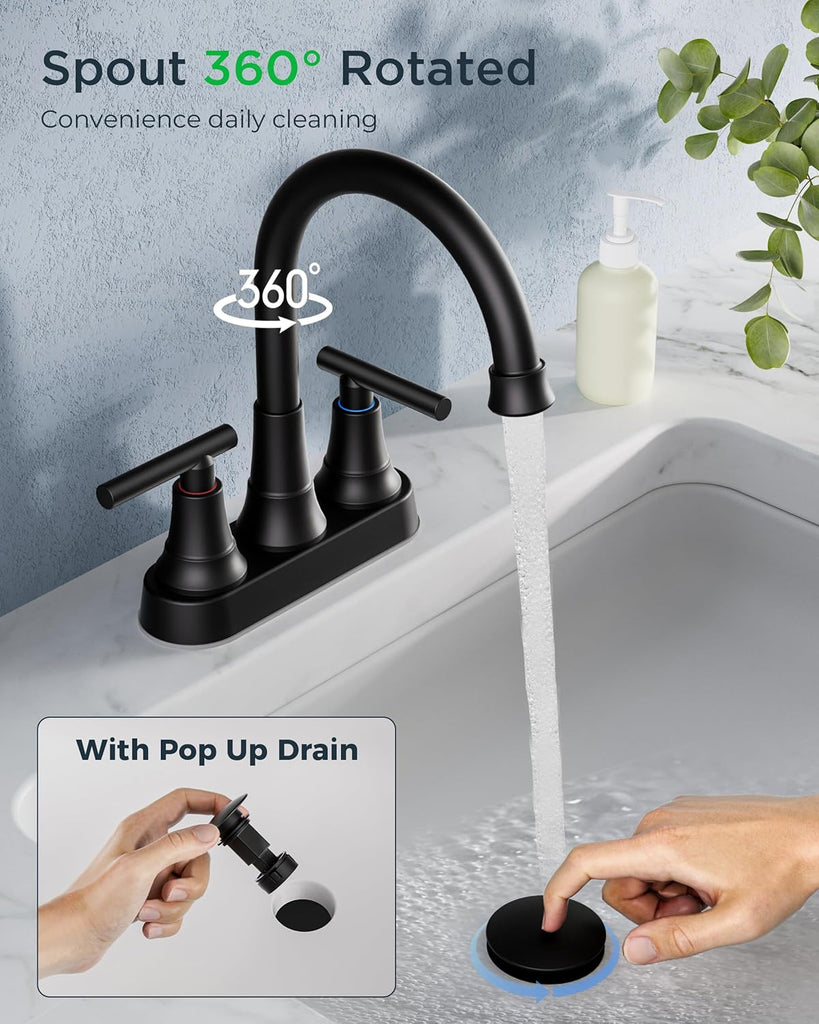 Matte Black Bathroom Faucets, 4 Inch Centerset Bathroom Sink Faucet 2 or 3 Hole with Pop up Drain and cUPC Hose