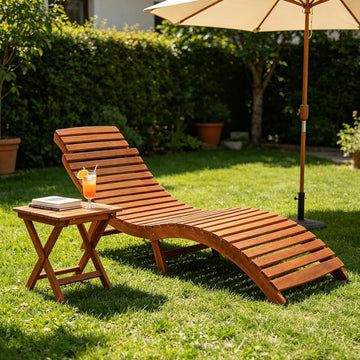 Folding Acacia Wood Outdoor Chaise Lounge-Waterproof Sun Lounger Lawn Backyard Patio