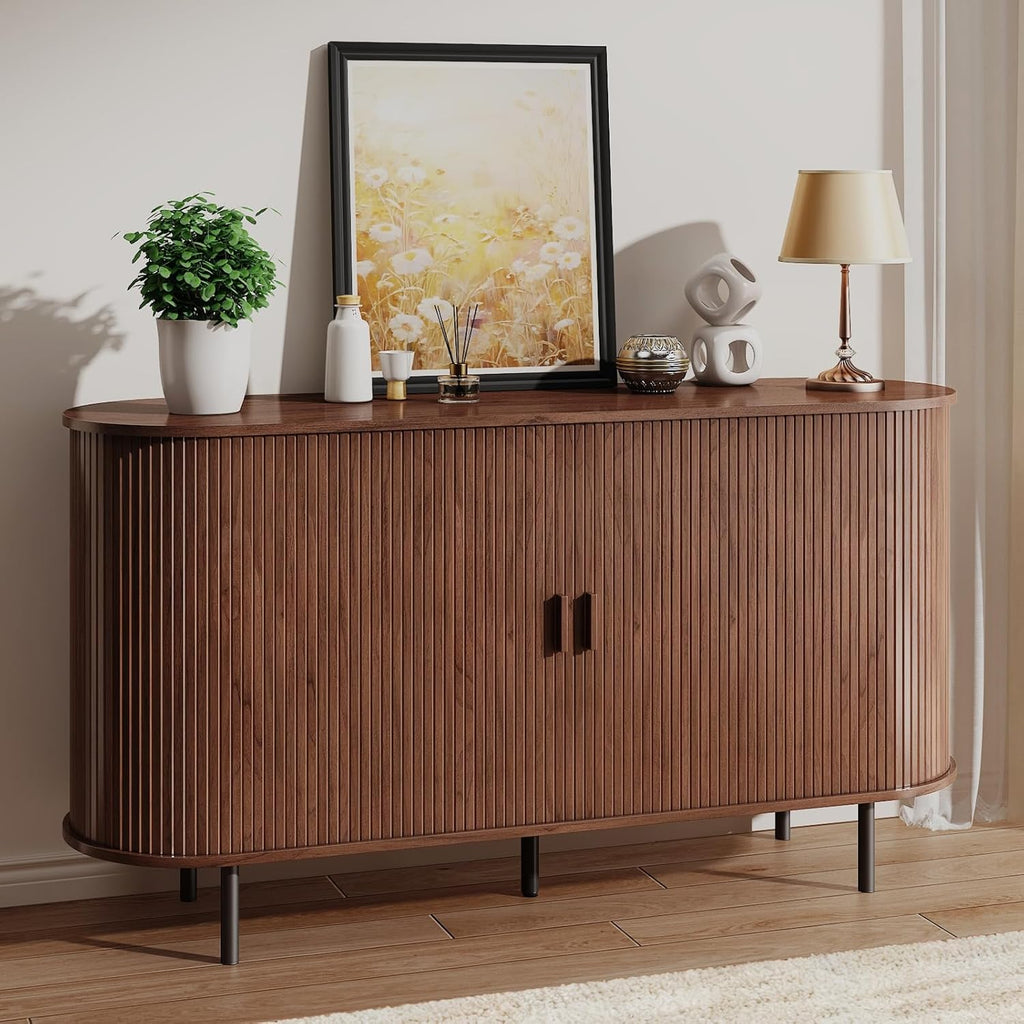 Buffet Sideboard Cabinet with Storage, 55" Fluted Cabinet with Sliding Door & Adjustable Shelf