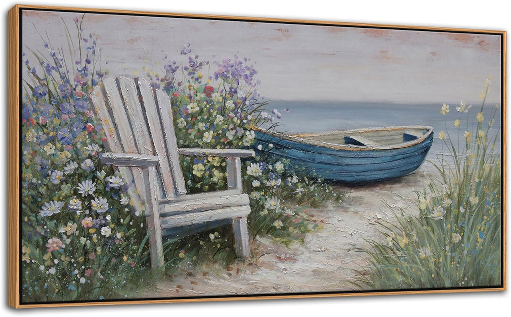 Large Coastal Canvas Wall Art - Ocean Landscape Canvas Wall Decor Picture Blue Boat Beach Scenery Painting & Coast