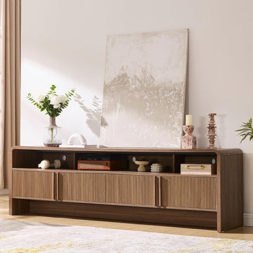 70" Fluted Wood TV Stand for TVs up to 80", Media Console Entertainment Center with Storage Cabinets for Living Room