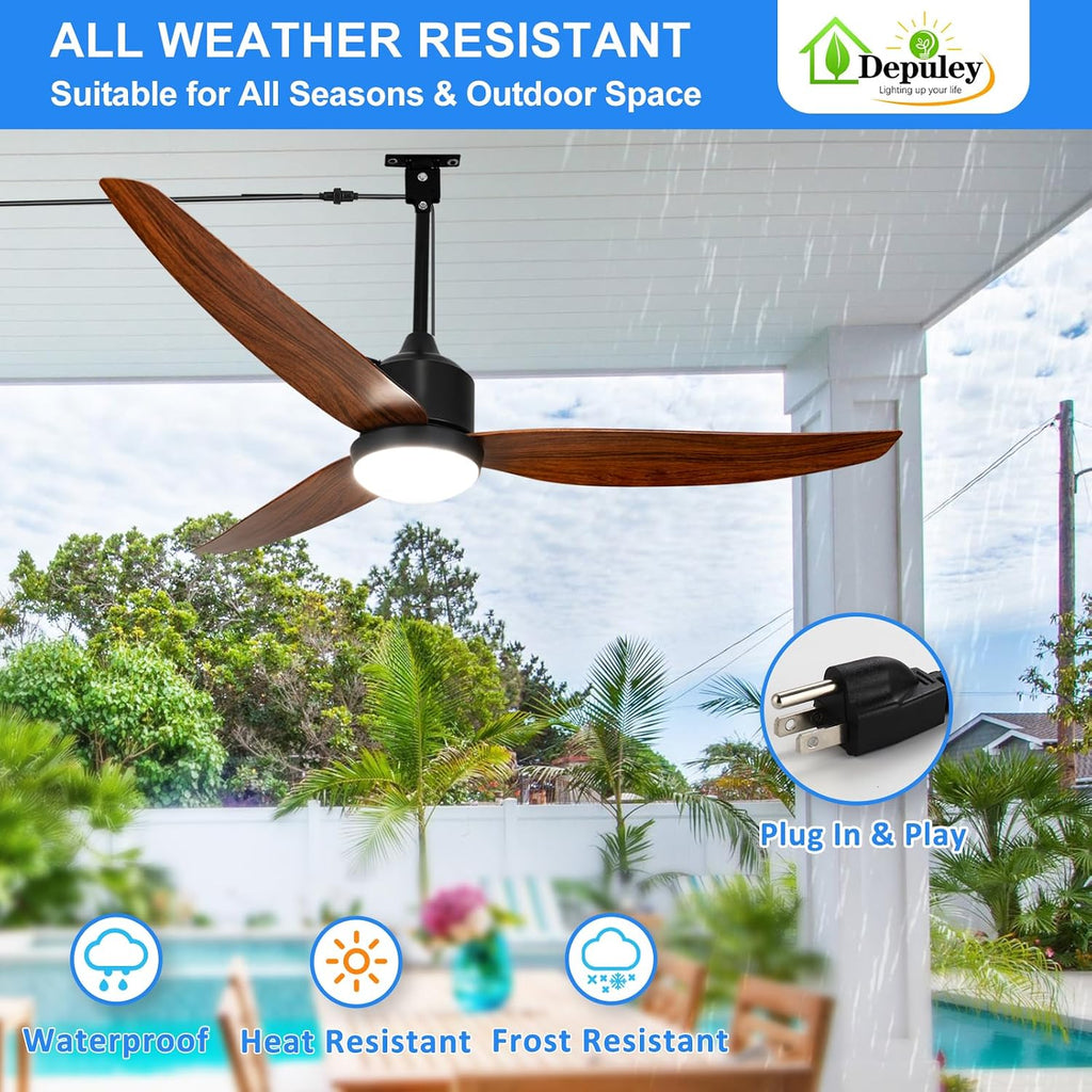 52 Inch Walnut Waterproof Gazebo Fans with Lights Outdoor Hanging - Plug in Fan for Patios - Dimmable Remote App Control