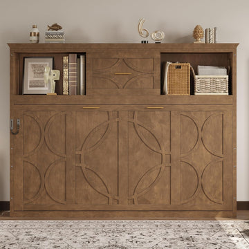 Farmhouse Wood Murphy Bed with Charging Station, Modern Wall Bed with Top Cabinet & Drawer, No Box Spring