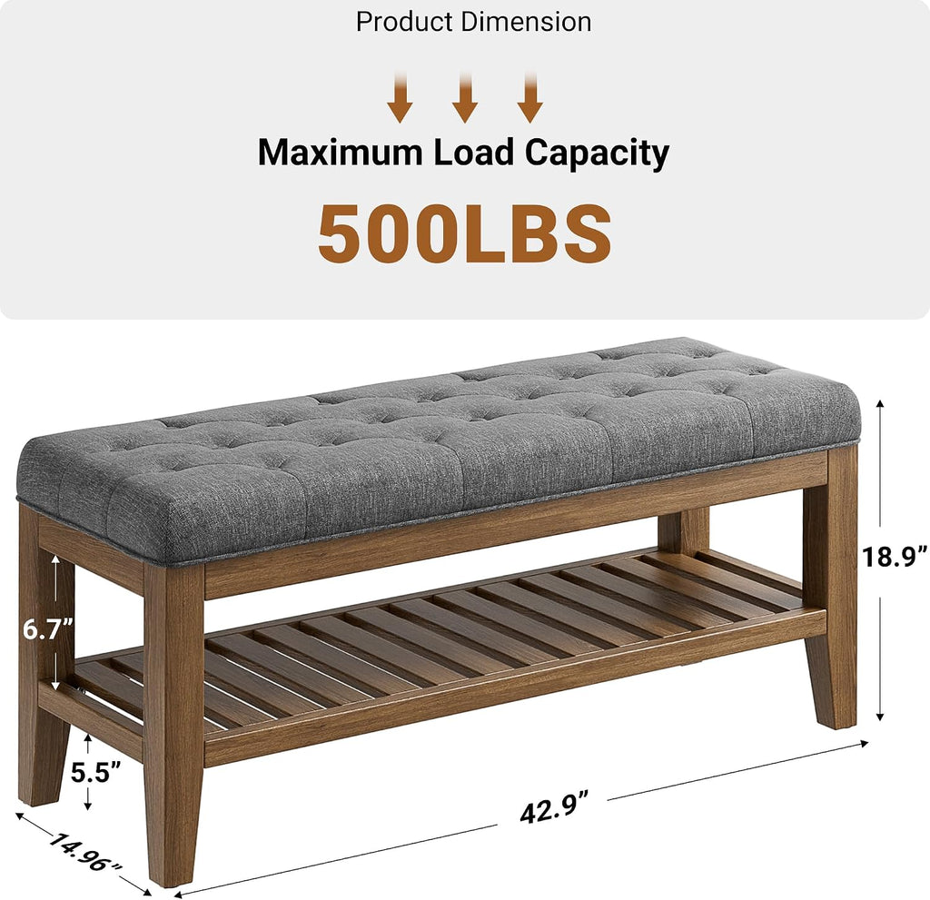 End of Bed Storage Bench, 42.9" Entryway Shoe Bench with Solid Wood Shelf, Upholstered Ottoman with Padded Seat and