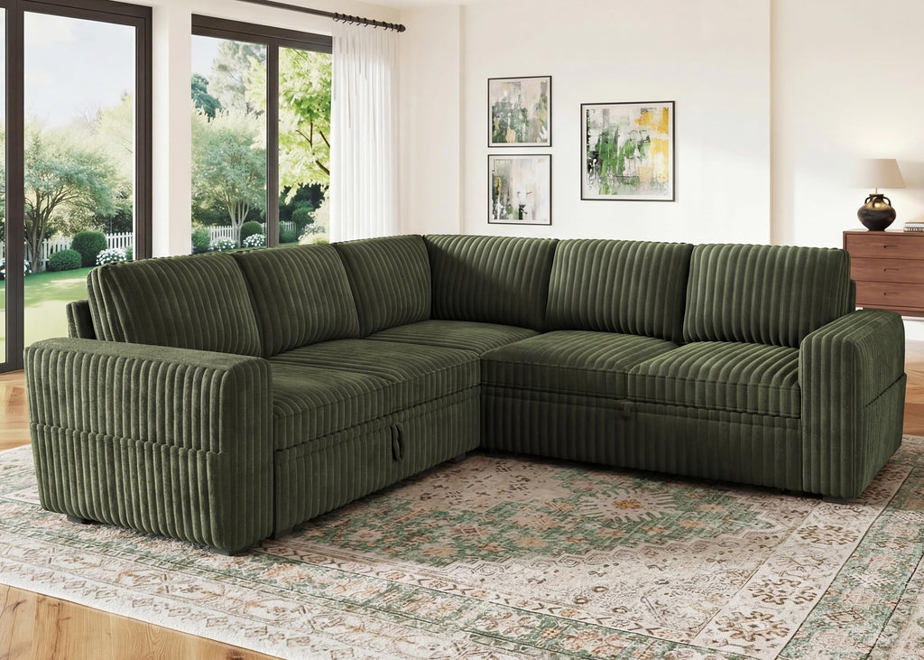 Corduroy L Shaped Sectional Sleeper Sofa with Pull Out Bed, Green