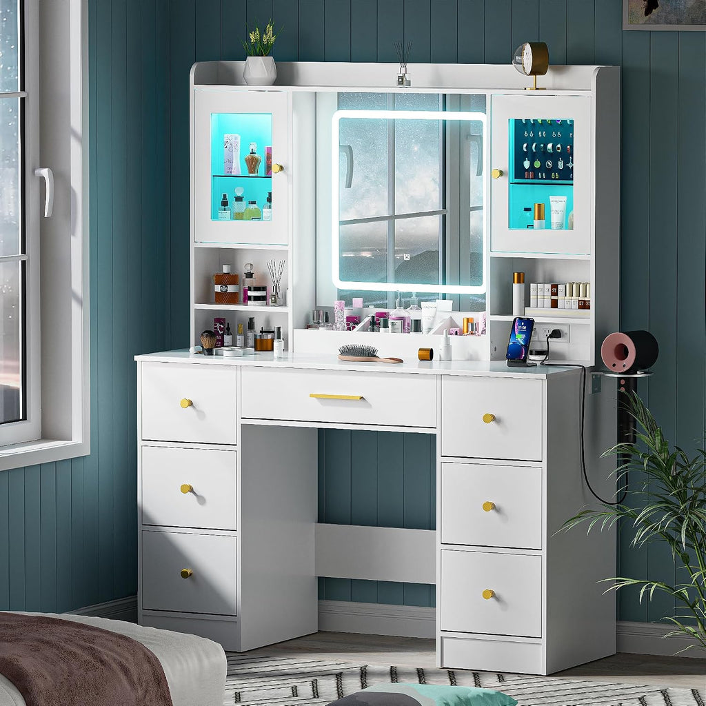 White Makeup Vanity Desk with Mirror and LED Lights,Large Make Up Vanity Table with Lighted Mirror 7 Drawers,Modern