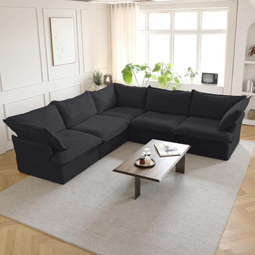 V Shape Modern Sectional Couch, Convertible Sectional Sofas Couches, Minimalist Deep Seat Sofa, Down Fill Modular Sofas for Living Room, Office, Apartment (5-Seat, Black)
