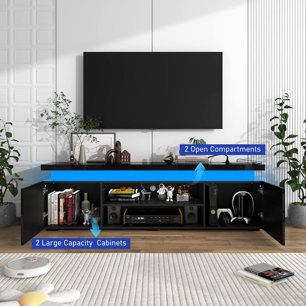 LED TV Stand for 75 Inch TV, Modern TV Stand with Power Outlet, High Gloss TV Console Entertainment Center with Storage and LED Lights for Living Room, Bedroom (66 Inch, Black)