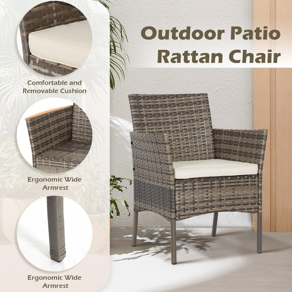 3 Piece Outdoor Furniture Set Patio Gray Wicker Chairs Furniture Bistro Conversation Set 2 Rattan Chairs with Khaki
