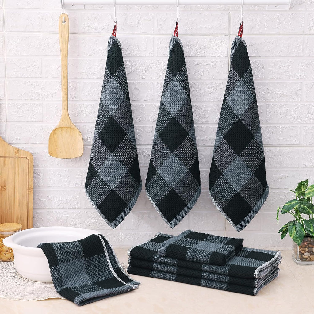 Kitchen Towels and Dishcloths Set, Set of 8, Black & Grey | Bulk Cotton Waffle Weave Check Plaid Kitchen Towels