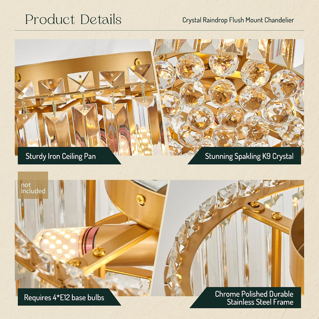 12.6" Gold K9 Crystal Raindrop Flush Mount Ceiling Light, Modern Chandelier, Round Luxury Light Fixture