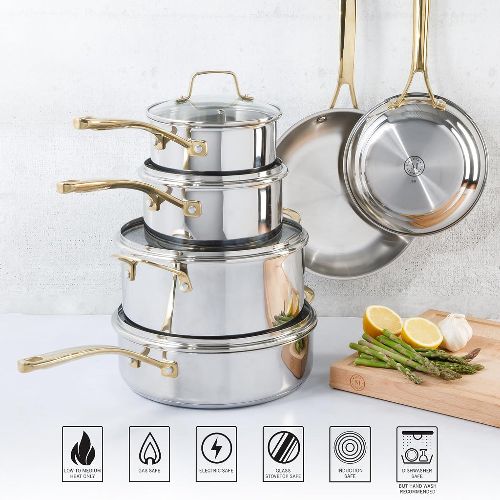 Castelle 10 Piece 18/8 Durable Stainless Steel Induction Safe Pots and Pans Non-Toxic Kitchen Cookware Set - Gold