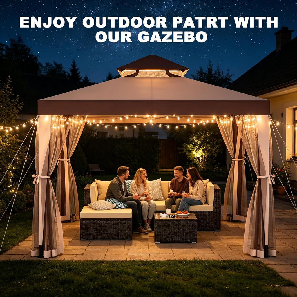 Outdoor Gazebo 10×10 Canopy Tent with Mosquito Nettings & Double Roofs, Canopy Shelter for Party, Patio Gazebo (Red