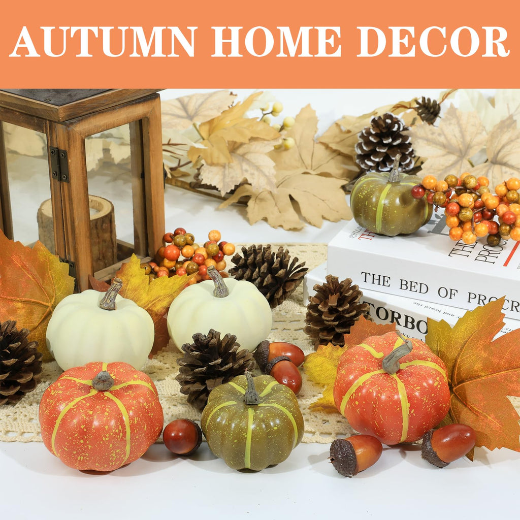20 Pcs Realistic Fall Mini Pumpkin Decorations, Pumpkin Decor with Maple Leaves, Pine Cones, Acorns, Thanksgiving