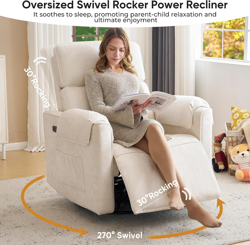 Oversized Power Rocker Recliner Chair, 24" Extra Wide Swivel Recliner with Adjustable Headrest, Chenille Glider