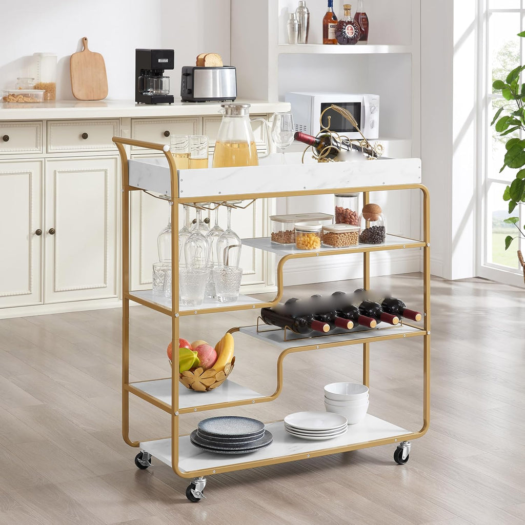 Gold Bar Cart with Wheels 6-Tier Rolling Serving Cart Vintage Wine Trolley with Glass Holder and Wine Rack Beverage