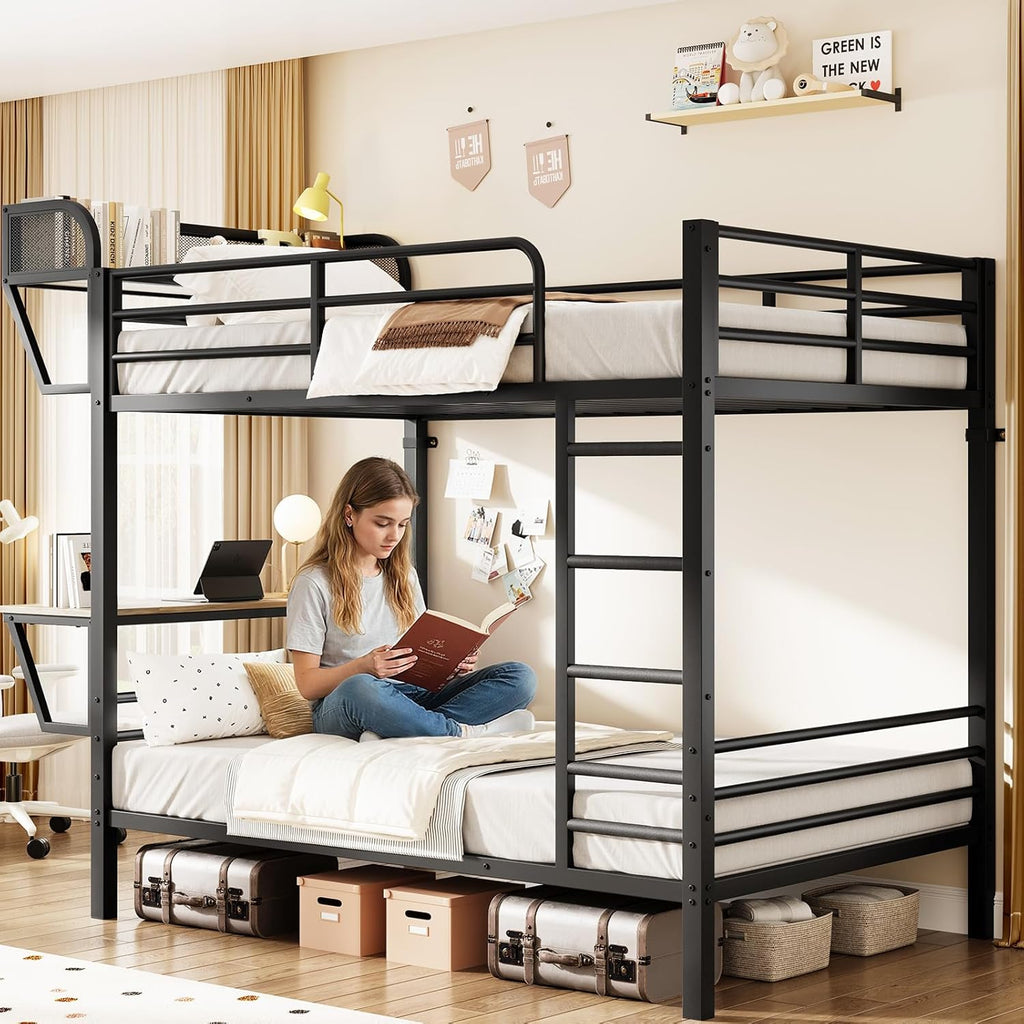 Bunk Bed Twin Over Twin, Metal Bunk Beds with Power Outlets & Desk