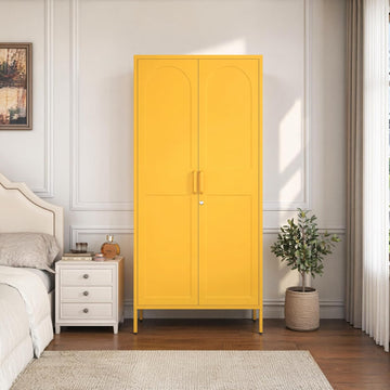 67 Inch Lockable Yellow Steel Wardrobe Storage Cabinet, Freestanding Metal Armoire Locker with Hanging Rod and