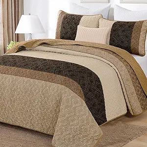 Light Brown King Quilt Set,3 Pcs Boho Striped Plaid Bedspread - Set of 3
