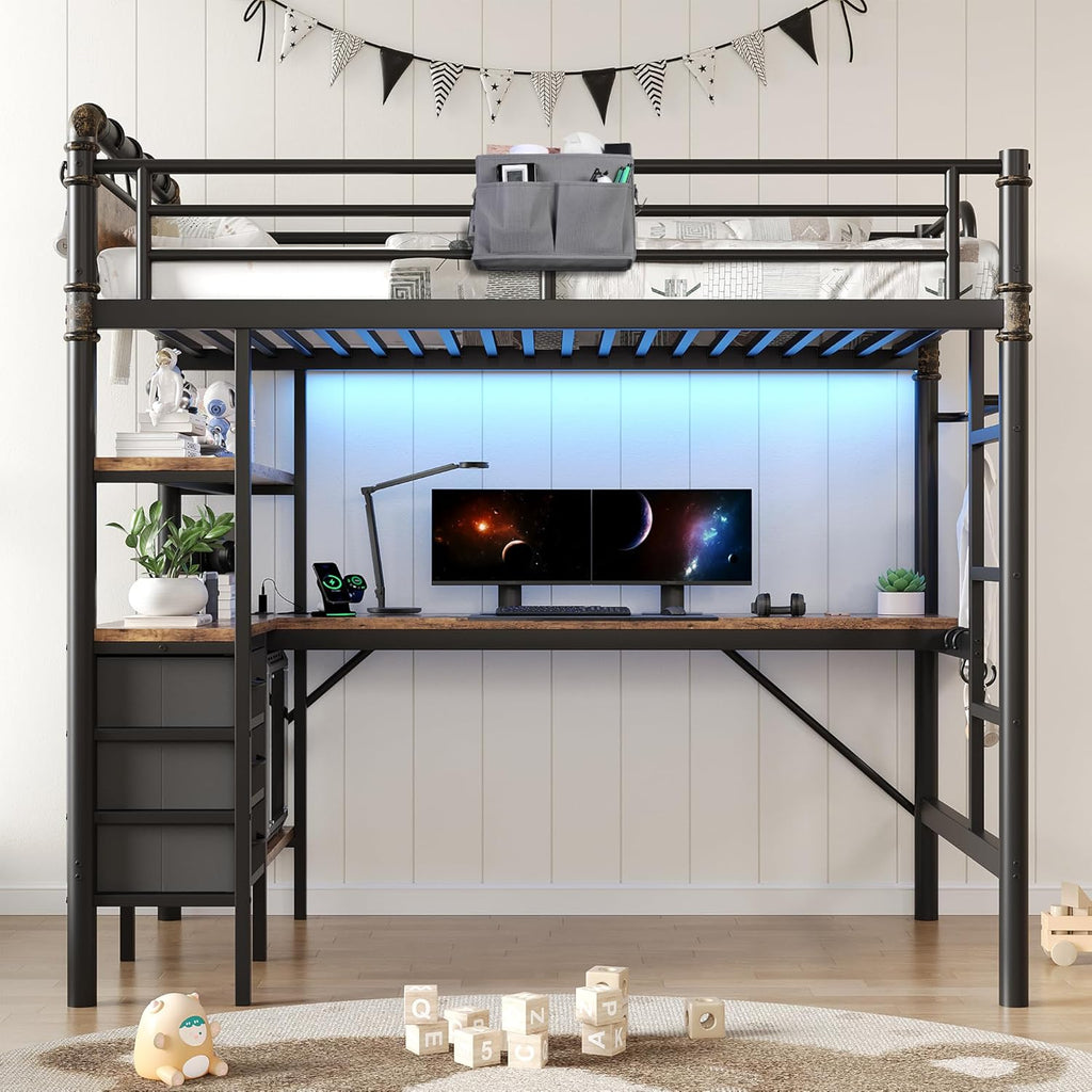 Twin Loft Bed with L-Shaped Desk, LED Lights,Charging Station
