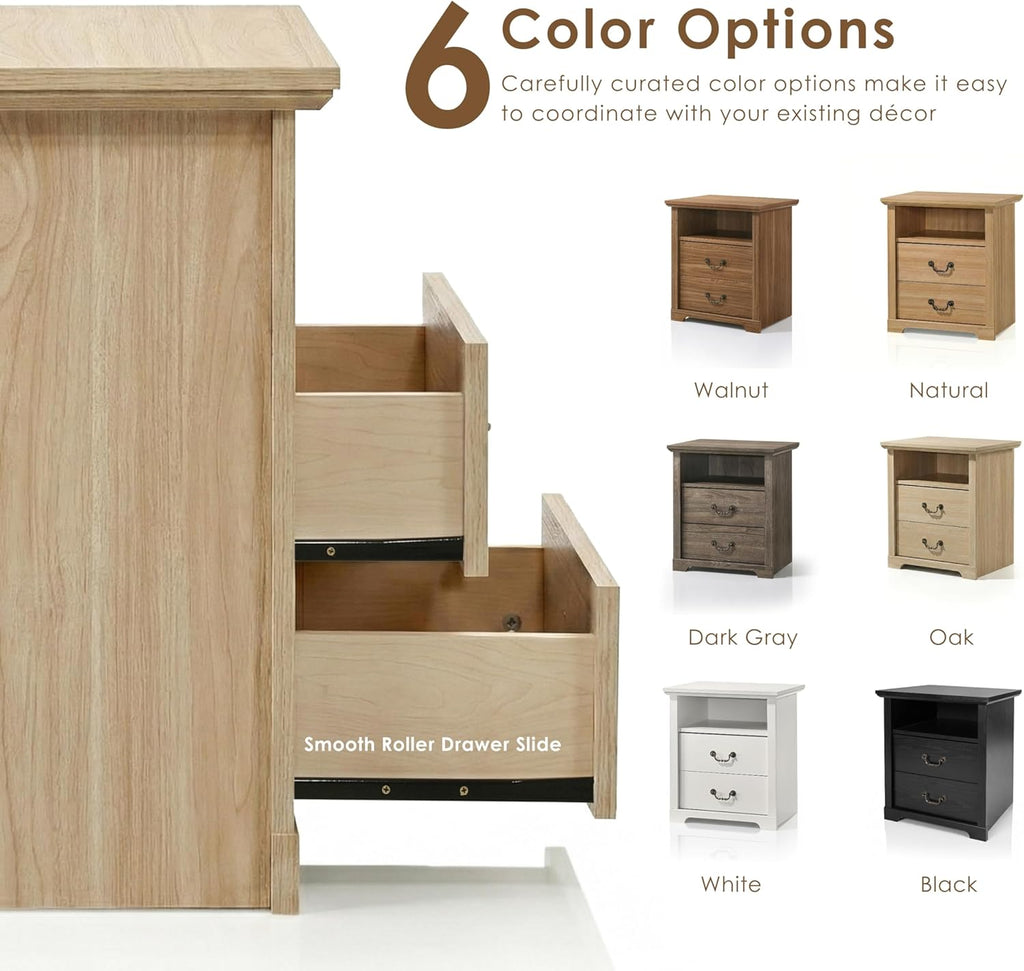 Elrik Modern 22-inch Wood Nightstand Set of 2 with Open Shelf, 2 Drawers and Ornate Handles, Wooden Night Stand