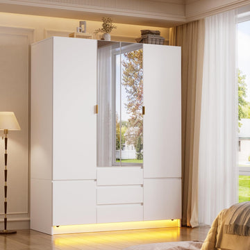 4 Doors Armoire Wardrobe Closet with Led Light & Mirror, Bedroom Large Capacity Freestanding Armoire Wardrobe with