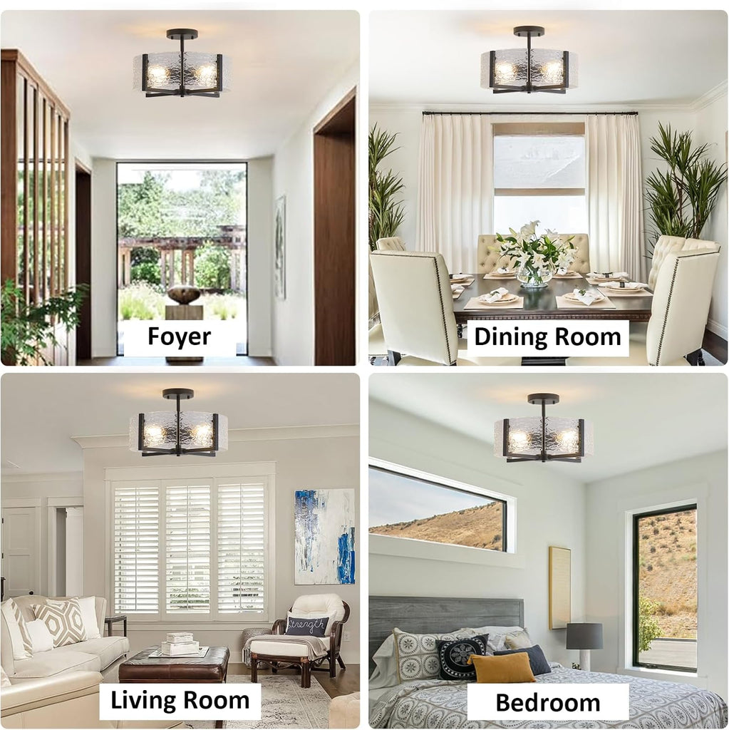 18" Black Large Semi Flush Mount Ceiling Light, 4-Light Farmhouse Ceiling Light, Foyer Light Fixtures Modern Glass