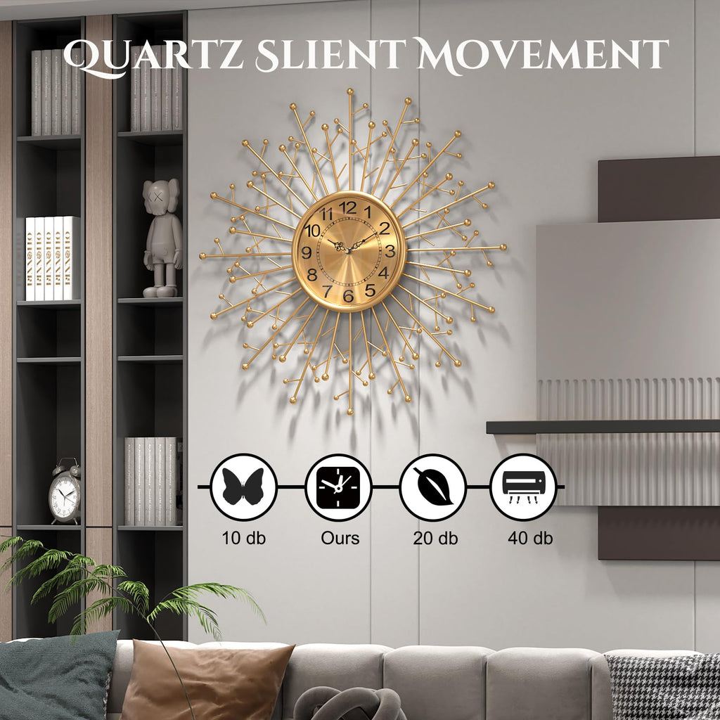 Large Modern Gold Wall Clock Decorative Mid Century Sunburst Branch Wall Clocks, Minimalism Metal Big Silent Clock