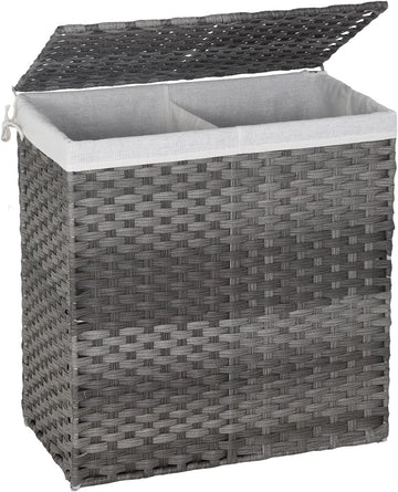 Handwoven Laundry Hamper with Lid, 110L Foldable Rattan Clothes Basket with 2 Removable Liners & 6 Mesh Laundry Bags