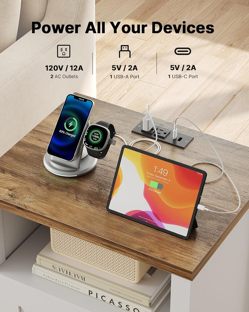 Farmhouse Nightstand Set of 2, Wood Bedside Table with Charging Station, Night Stand with Shelf and Doors, End Table