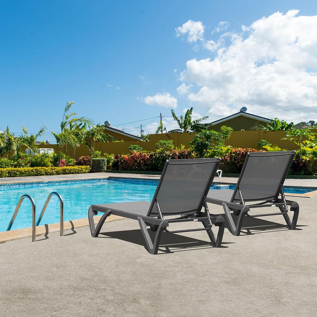 Pool Lounge Chairs Set of 2, Aluminum Adjustable Outdoor Chaise Lounge with Wheels, All Weather Outdoor Lounge