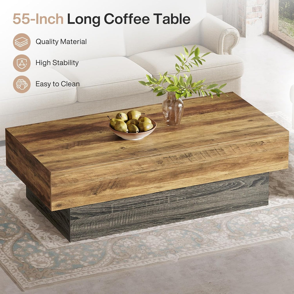 55-Inch Farmhouse Wood Coffee Table, Rustic Large Rectangle Tea Table, Vintage Center Table Reception