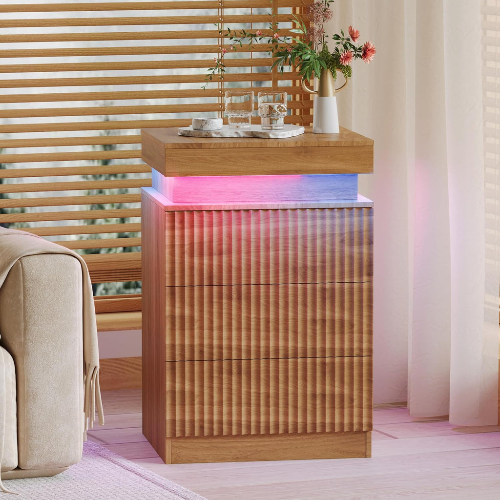 Fluted Nightstand with Charging Station and LED Light, Bedside Table with Sliding Top, USB Ports and AC Outlets, 3