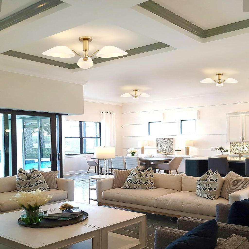 Modern Gold 3-Light Ceiling Light with Opal White Glass Shade Semi Flush Mount Ceiling Light for Living Room Hallway