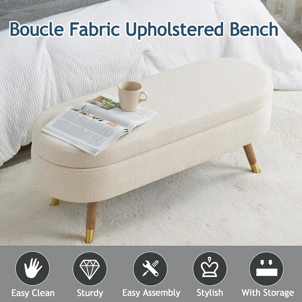 Oval Storage Bench 43.5" Ottoman Bench Upholstered Boucle Fabric Footrest Bench with Golden Metal Legs End of Bed