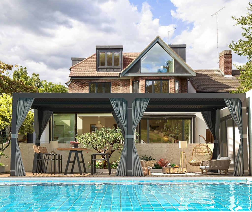 10x20FT Louvered Pergola Outdoor Sun Shade Shelter with Aluminum Frame and Adjustable Metal Rainproof Roof for Garden