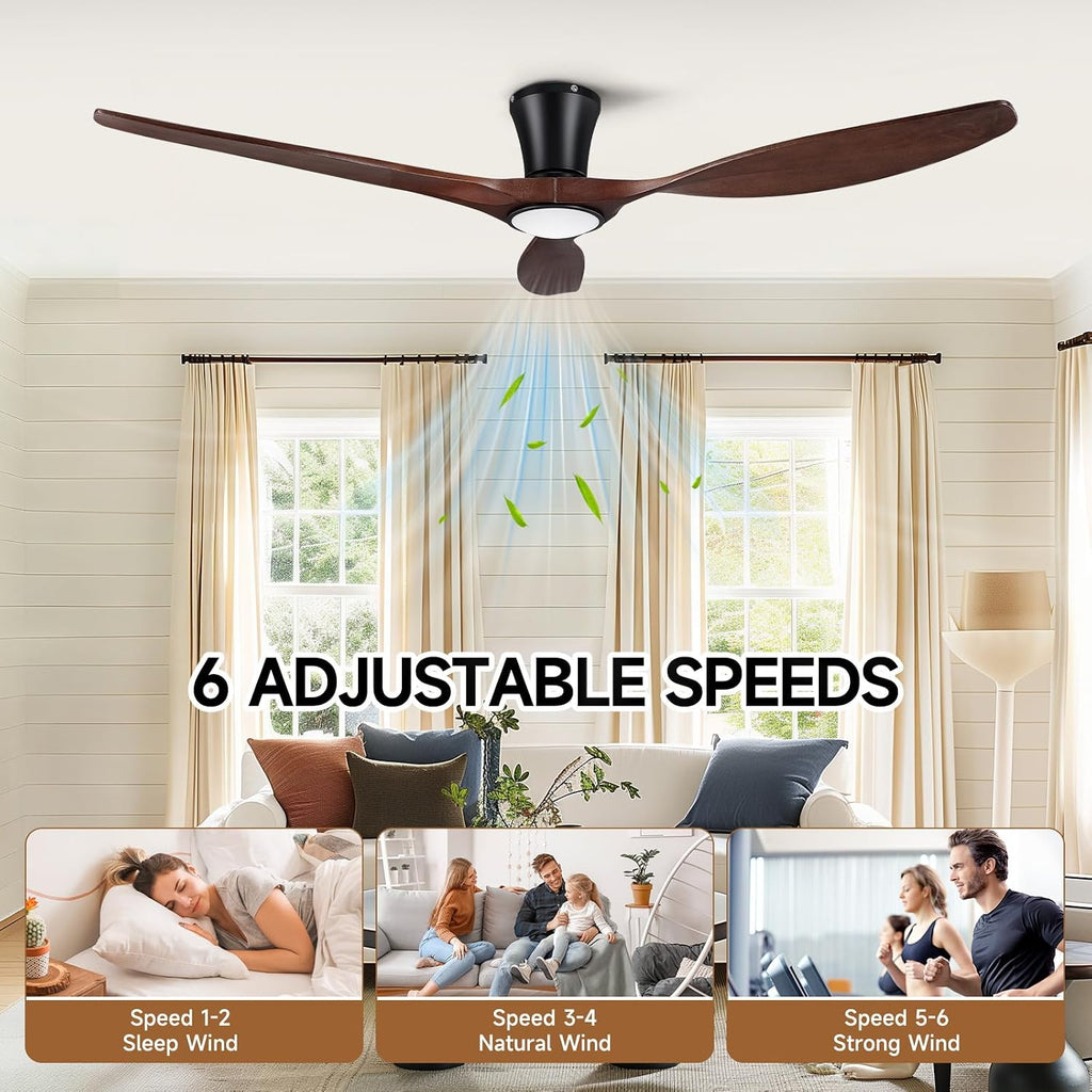 52" Wood Ceiling Fan with Lights, Flush Mount Low Profile Ceiling Fan with Remote Control, Dimmable LED