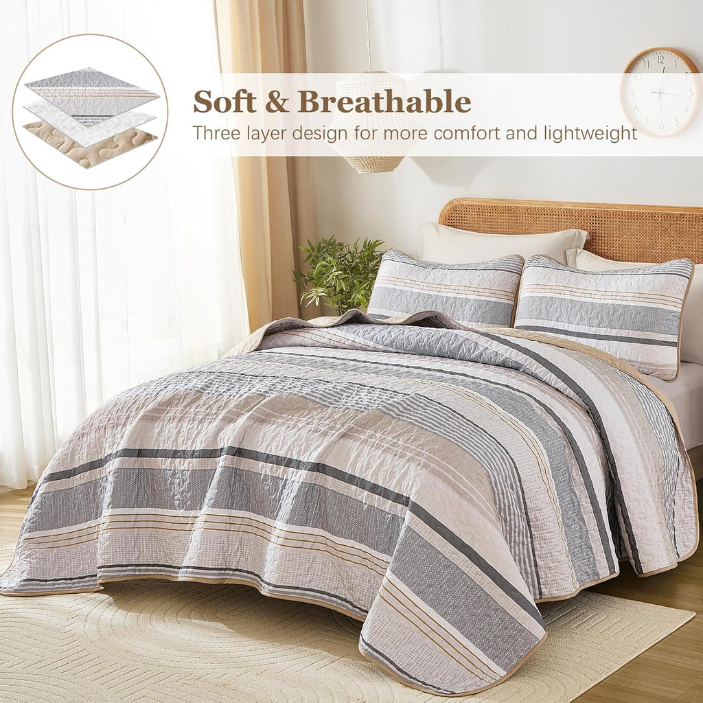 King Quilts Khaki, 3 Pieces Grey Boho Striped Bedspread Bedding for King Bed, Soft Lightweight Microfiber Bohemian