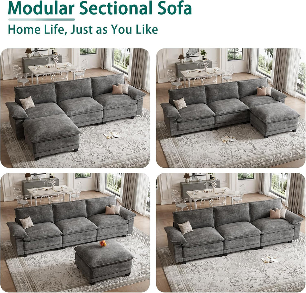 Modern L Shaped Sofa Couches , Modular Sectional Cloud Couch with Movable Ottoman, Comfy Chenille Sofa , Dark Gray
