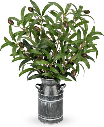 Artificial Olive Branches with Rustic Metal Vase 19in Realistic Faux Olive Greenery Stems Faux Potted Plant Room