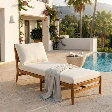 Acacia Wood Chaise Lounge Chair Outdoor With Water Resistant Cushion, Outdoor Recliner Chair With Hand-Woven