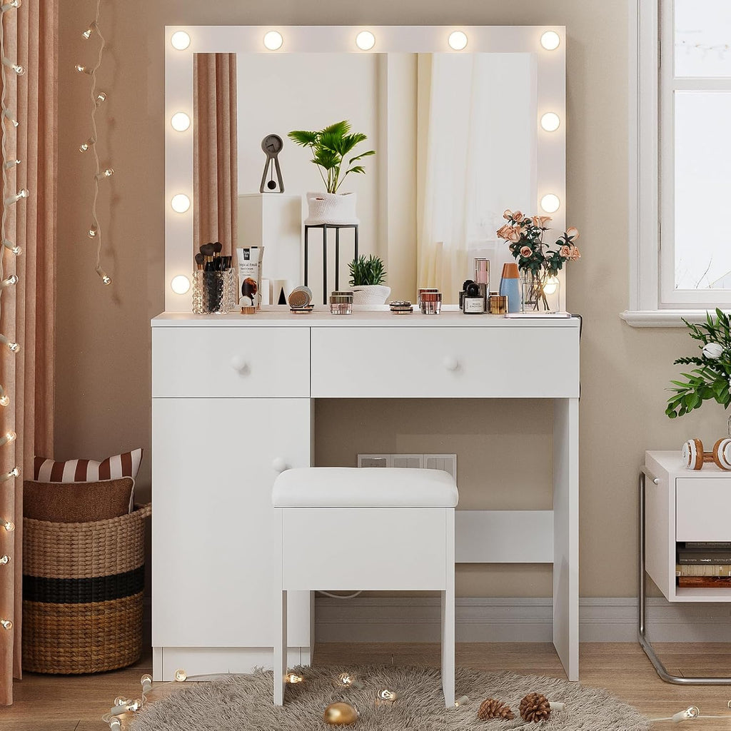 White Makeup Vanity Desk with Lighted Mirror and Storage Chiar Set | 11 LED Light Bulbs, 3 Lighting Modes, Built-In