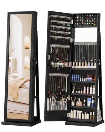 360° Swivel Jewelry Cabinet with Full-Length Mirror, Lockable, Black